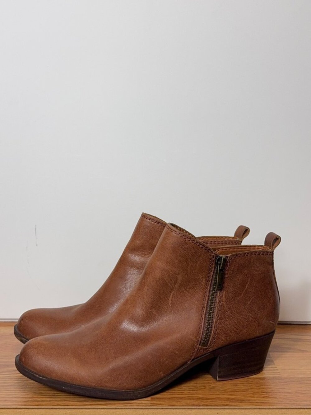 Lucky Brand Basel Leather Ankle Booties Women's 8.5 Brown Side Zip Block Heel